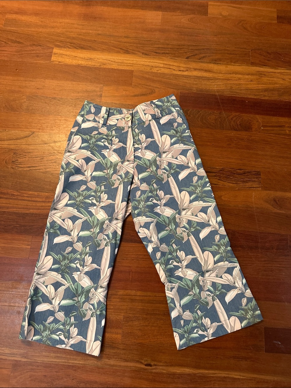 Floral Wide-Leg Women's Pants in Blue & Cream